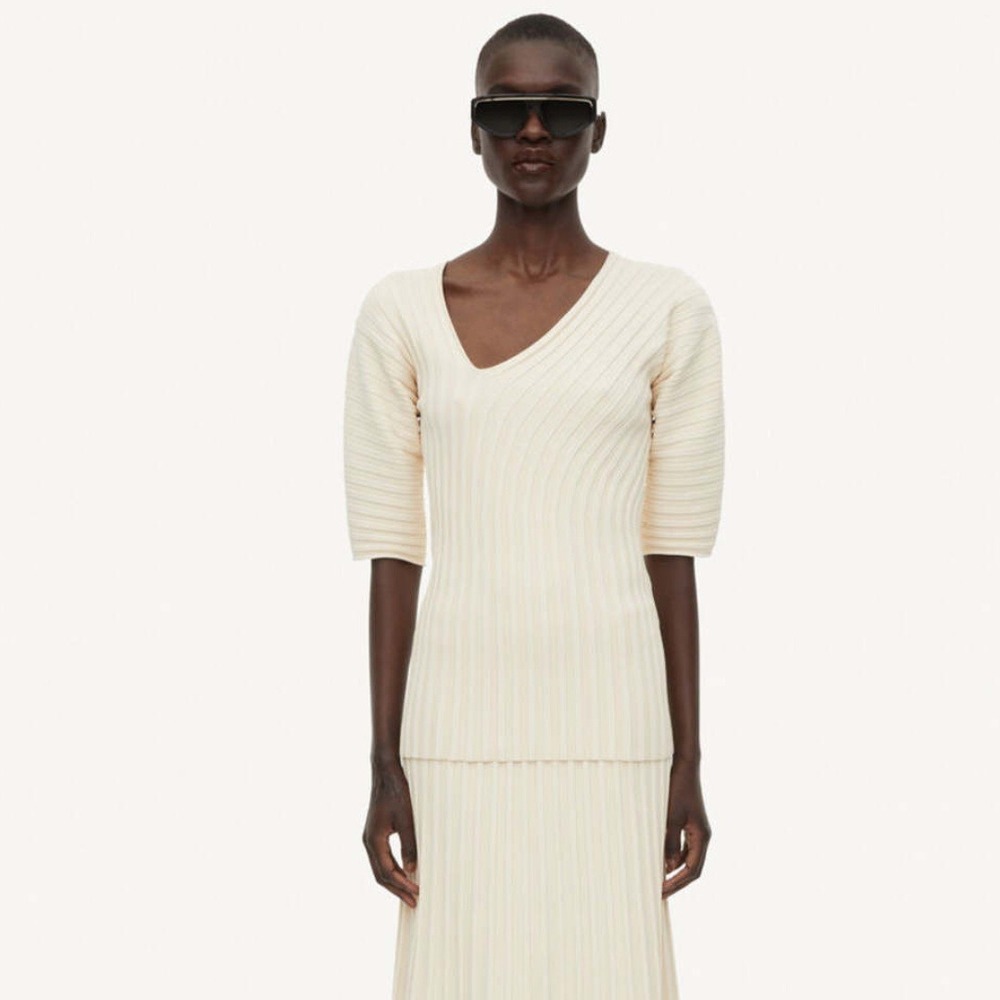By Malene Birger‎ Ivena Top Cream Ribbed V-Neck Elbow Sleeve Knit Top Size L